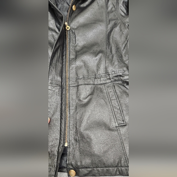 Liz Baker Essentials Mid-Length Black Leather Coat With Hood.  XL - Picture 2 of 9